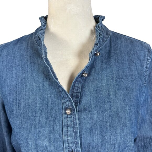 Talbots Petite ruffle neck long sleeve denim popover top women's size SP - Picture 5 of 10